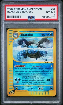 2002 POKEMON EXPEDITION #37 BLASTOISE-REVERSE FOIL PSA 8 - Image 1