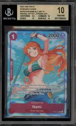 One Piece CCG Nami Romance Dawn Alt Art Up to 1, Straw Hat OP01-016 BGS 10 - Image 1