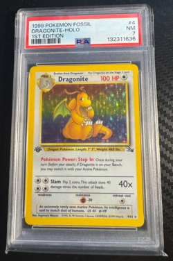 1999 Pokemon Fossil 1st Edition Dragonite #4/62 Holo PSA 7 NM - Image 1