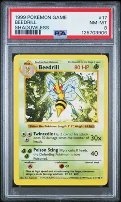 1999 POKEMON BASE SET SHADOWLESS #17 BEEDRILL PSA 8 - Image 1