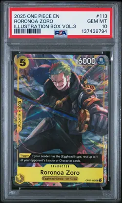 2025 ONE PIECE PROMOS ILLUSTRATION BOX VOL.3 #113 RORONOA ZORO PSA 10 - Image 1