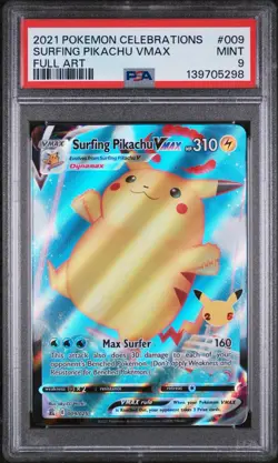 Pokemon 2021 Celebrations Surfing Pikachu VMAX Full Art 009/025 PSA 9 Mint - Image 1