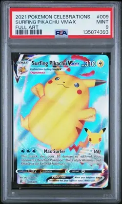 Pokemon 2021 Celebrations Surfing Pikachu VMAX Full Art 009/025 PSA 9 Mint - Image 1