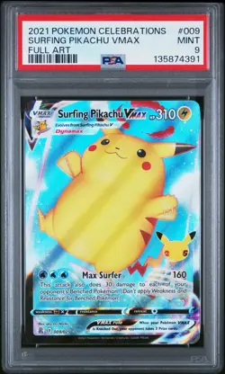 Pokemon 2021 Celebrations Surfing Pikachu VMAX Full Art 009/025 PSA 9 Mint - Image 1