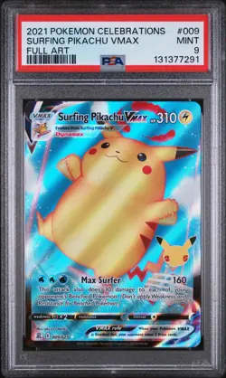 Pokemon 2021 Celebrations Surfing Pikachu VMAX Full Art 009/025 PSA 9 Mint - Image 1