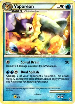 Pokemon TCG Vaporeon Call of Legends 52/95 Regular Uncommon DMG - Image 1
