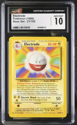 CGC 10 GEM MINT Electrode 1999 Base Set 21/102 Pokemon Card - Image 1