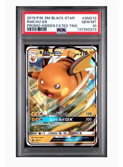 2019 POKEMON SM BLACK STAR PROMO HIDDEN FATES TINS #SM213 RAICHU GX PSA 10 - Image 1
