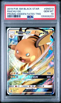 2019 POKEMON SM BLACK STAR PROMO HIDDEN FATES TINS #SM213 RAICHU GX PSA 10 - Image 1