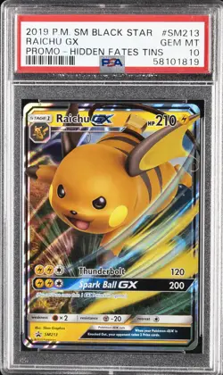 2019 POKEMON SM BLACK STAR PROMO HIDDEN FATES TINS #SM213 RAICHU GX PSA 10 - Image 1