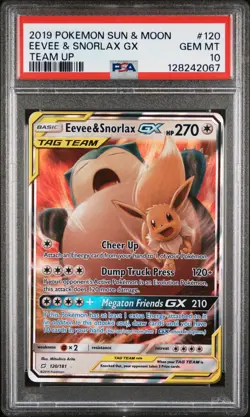 2019 POKEMON SUN & MOON TEAM UP #120 EEVEE & SNORLAX GX PSA 10 - Image 1