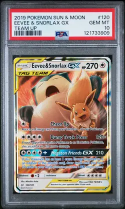 2019 POKEMON SUN & MOON TEAM UP #120 EEVEE & SNORLAX GX PSA 10 - Image 1