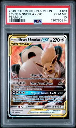 2019 POKEMON SUN & MOON TEAM UP #120 EEVEE & SNORLAX GX PSA 10 - Image 1
