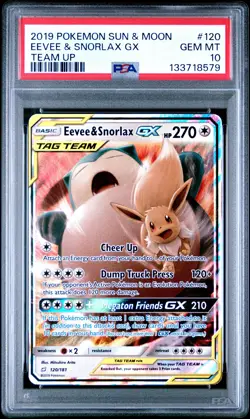 2019 POKEMON SUN & MOON TEAM UP #120 EEVEE & SNORLAX GX PSA 10 - Image 1