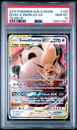 2019 POKEMON SUN & MOON TEAM UP #120 EEVEE & SNORLAX GX PSA 10 - Image 1