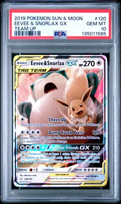 2019 POKEMON SUN & MOON TEAM UP #120 EEVEE & SNORLAX GX PSA 10 - Image 1