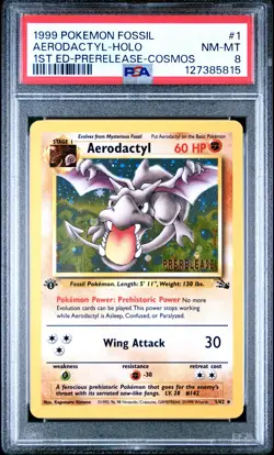 1999 POKEMON FOSSIL 1ST EDITION-PRERELEASE-COSMOS #1 AERODACTYL-HOLO PSA 8 - Image 1