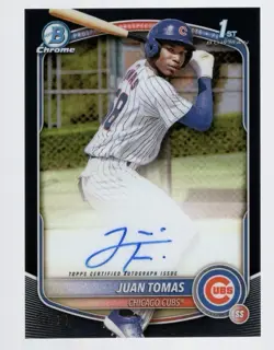 JUAN TOMAS 2025 BOWMAN CHROME BLACK REFRACTOR 1ST RC ON CARD AUTO #07/10 *CUBS* - Image 1