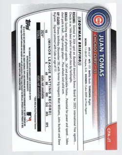 JUAN TOMAS 2025 BOWMAN CHROME BLACK REFRACTOR 1ST RC ON CARD AUTO #07/10 *CUBS* - Image 2
