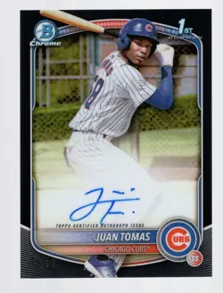 JUAN TOMAS 2025 BOWMAN CHROME BLACK REFRACTOR 1ST RC ON CARD AUTO #07/10 *CUBS* - Image 1