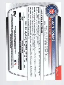 JUAN TOMAS 2025 BOWMAN CHROME BLACK REFRACTOR 1ST RC ON CARD AUTO #07/10 *CUBS* - Image 2