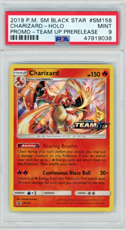 2019 Pokemon Team Up Charizard #SM158 Prerelease Holo Black Star Promo PSA 9 - Image 1