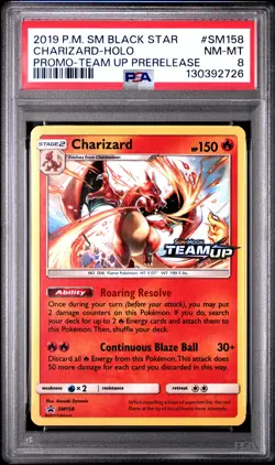 2019 POKEMON SM BLACK STAR PROMO TEAM UP PRERELEASE #SM158 CHARIZARD-HOLO PSA 8 - Image 1