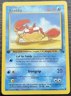 1st Edition Krabby 51/62 Pokemon TCG WOTC Base Set Fossil NEAR MINT NM - Image 1