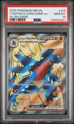 2025 Pokemon Destined Rivals Cynthia’s Garchomp EX #215/182 Ultra Rare PSA 10 - Image 1