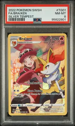 2022 POKEMON SWORD & SHIELD SILVER TEMPEST #TG01 BRAIXEN FULL ART - PSA 8 - Image 1