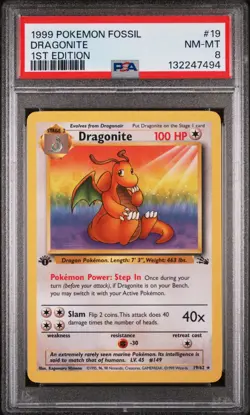 1999 POKEMON FOSSIL DRAGONITE 1ST EDITION 19/64 PSA 8 - Image 1