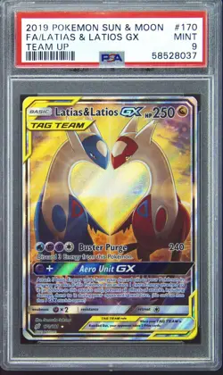 2019 POKEMON SUN & MOON TEAM UP #170 FULL ART/LATIAS & LATIOS GX PSA 9 - Image 1