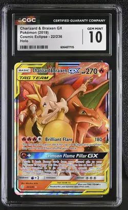 CGC 10 GEM MINT Charizard & Braixen GX Cosmic Eclipse 22/236 Holo Pokemon Card - Image 1