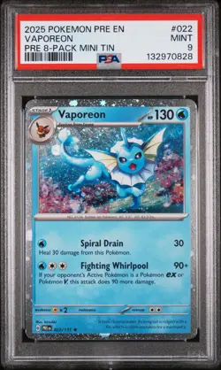 2025 POKEMON PRE EN-PRISMATIC EVOLUTIONS 8-PACK MINI TIN VAPOREON PSA 9 - Image 1