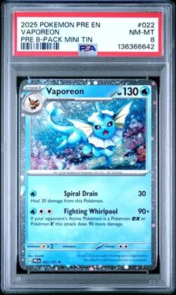 2025 Pokemon PRE EN 8-PACK MINI TIN #022 Vaporeon PSA 8 MINT - Image 1