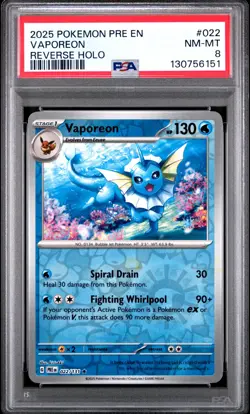 2025 POKEMON PRE EN-PRISMATIC EVOLUTIONS REVERSE HOLO #022 VAPOREON PSA 8 - Image 1