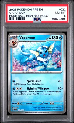 2025 POKEMON PRE EN-PRISMATIC EVOLUTIONS POKE BALL REVERSE HOLO VAPOREON PSA 8 - Image 1