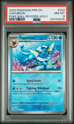 2025 POKEMON PRE EN-PRISMATIC EVOLUTIONS POKE BALL REVERSE HOLO VAPOREON PSA 8 - Image 1