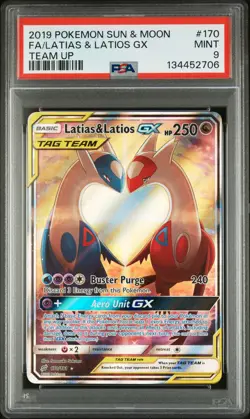 2019 POKEMON SUN & MOON TEAM UP #170 FULL ART/LATIAS & LATIOS GX PSA 9 - Image 1