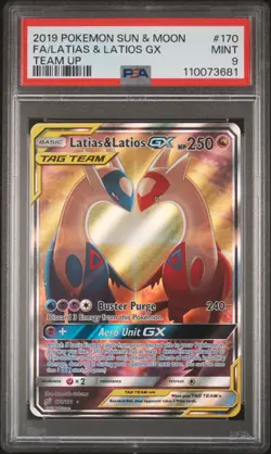 2019 POKEMON SUN & MOON TEAM UP #170 FULL ART/LATIAS & LATIOS GX PSA 9 - Image 1