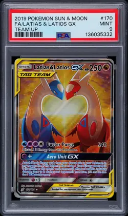 2019 POKEMON SUN & MOON TEAM UP #170 FULL ART/LATIAS & LATIOS GX PSA 9 - Image 1