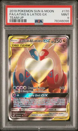 2019 POKEMON SUN & MOON TEAM UP #170 FULL ART/LATIAS & LATIOS GX PSA 9 - Image 1