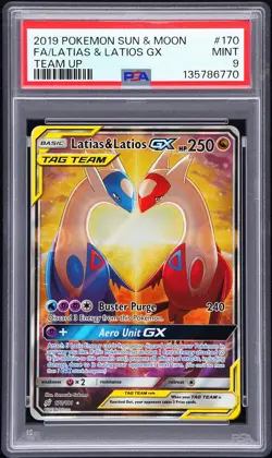 2019 POKEMON SUN & MOON TEAM UP #170 FULL ART/LATIAS & LATIOS GX PSA 9 - Image 1