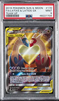 2019 POKEMON SUN & MOON TEAM UP #170 FULL ART/LATIAS & LATIOS GX PSA 9 - Image 1