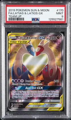 2019 POKEMON SUN & MOON TEAM UP #170 FULL ART/LATIAS & LATIOS GX PSA 9 - Image 1