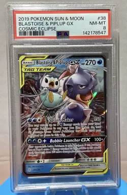 2019 Blastoise and Piplup GX Sun and Moon Full Art PSA 8 Pokemon TCG - Image 1