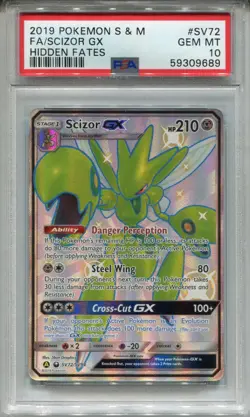 Pokemon Sun & Moon Hidden Fates Shiny Vault Card SV72 Scyther PSA 10 - Image 1