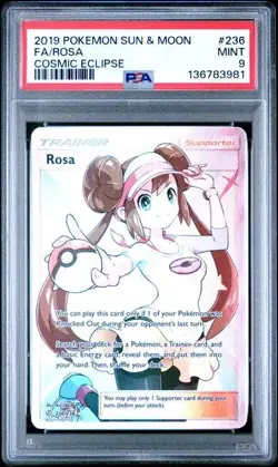 2019 Pokemon Sun Moon Cosmic Eclipse Card 236/236 Rosa Full Art FA Graded PSA 9 - Image 1