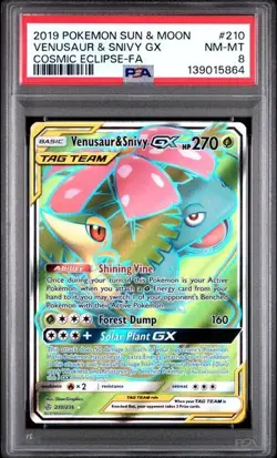 2019 Pokemon Cosmic Eclipse #210 Venusaur & Snivy GX Full Art PSA 8 - Image 1