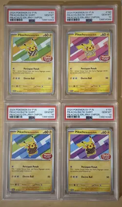 POKEMON INDONESIAN PROMOS #101 154 155 190 PIKACHU BATIK SHIRT PSA 10 Sequential - Image 1